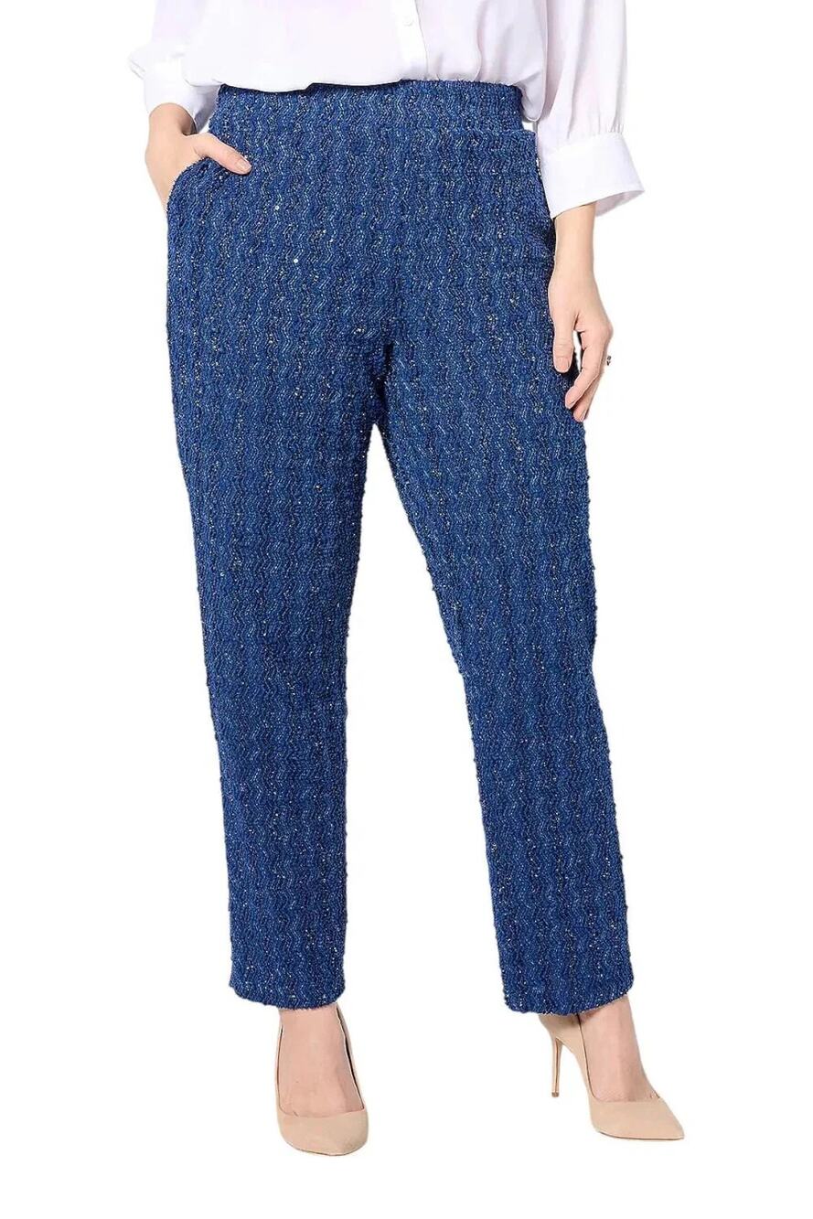 Dennis Basso Pants Womens Small Blue Boucle Knit Sequins Pull On Pockets Preppy